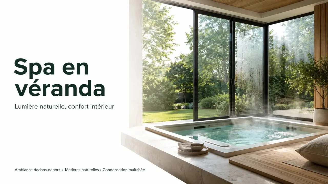 Idée aménagement spa intérieur dans une véranda lumineuse avec grandes baies vitrées et ambiance dedans-dehors