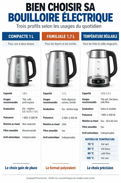 Infographie comparative des meilleurs bouilloires électriques selon la capacité et l’usage