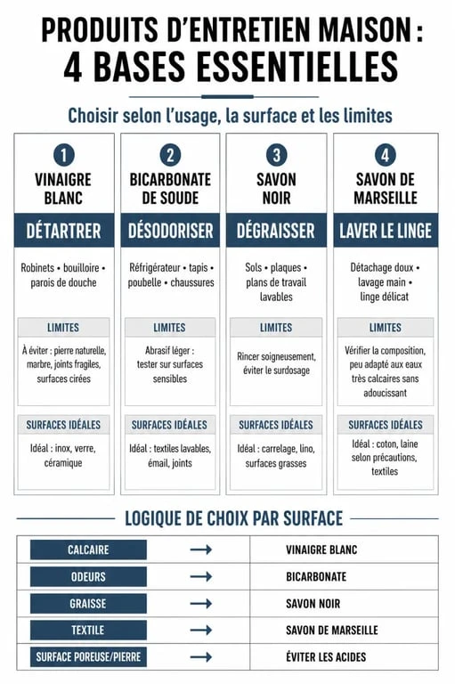 Produit d entretien maison : infographie des 4 bases essentielles et de leurs usages