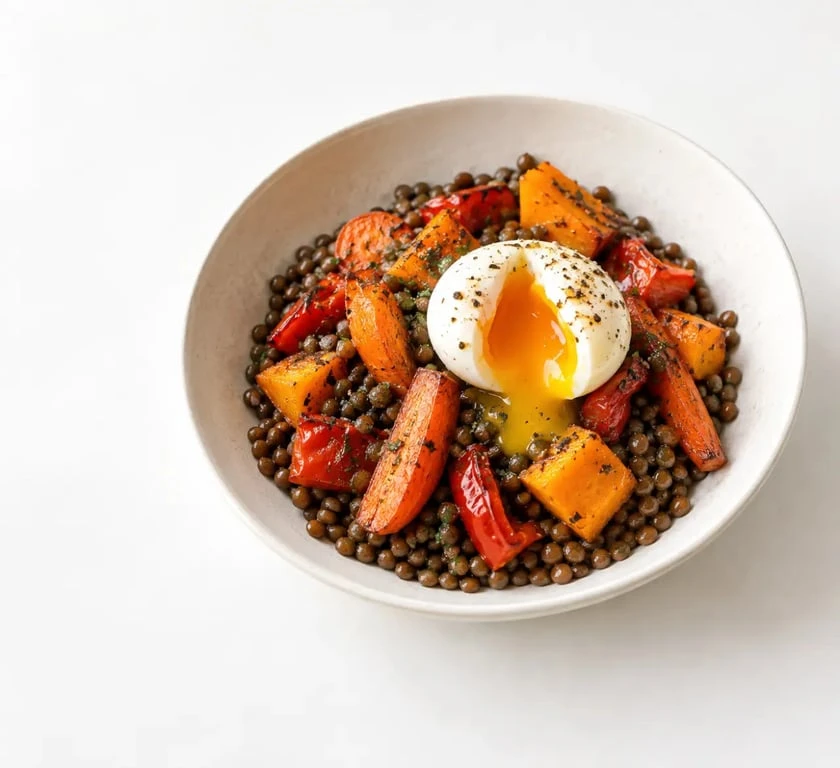 Recettes perte de poids : bol de lentilles, légumes rôtis et œuf mollet
