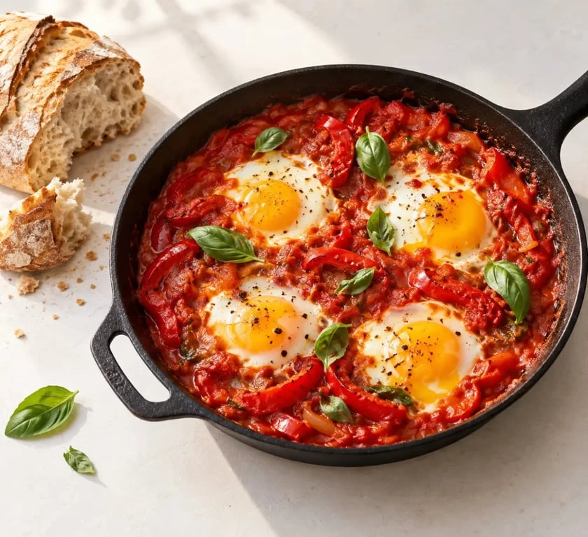 Cuisine méditerranéenne recettes facile : chakchouka au four aux poivrons et aux œufs