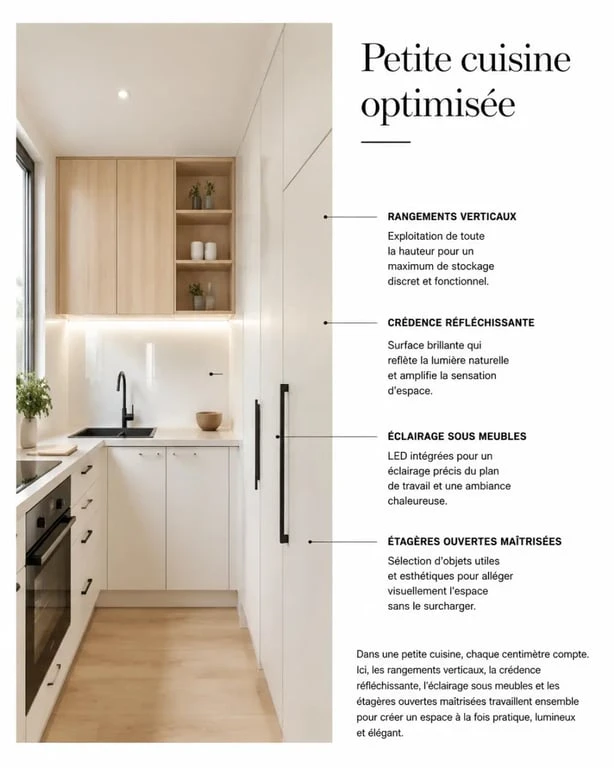 Idées déco cuisine : petite cuisine optimisée avec rangements verticaux et lumière