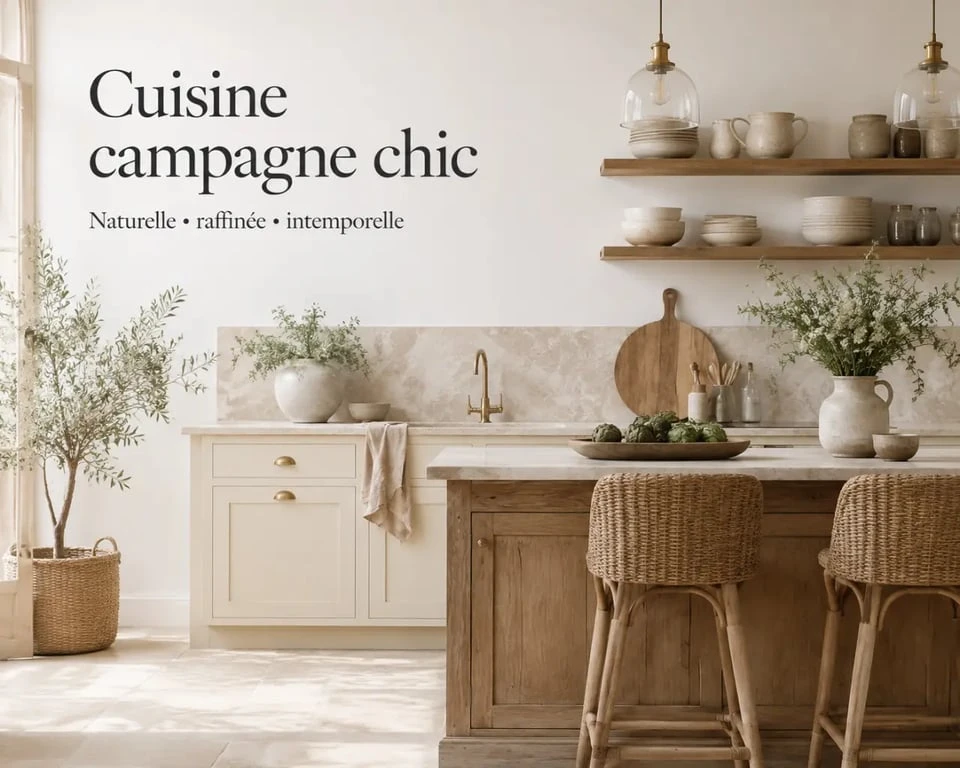Idées déco cuisine : cuisine campagne chic avec matières naturelles et tons crème