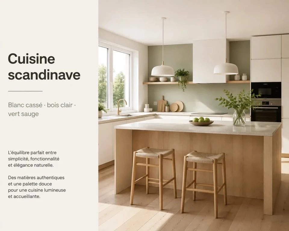 Idées déco cuisine : cuisine scandinave lumineuse avec bois clair et vert sauge