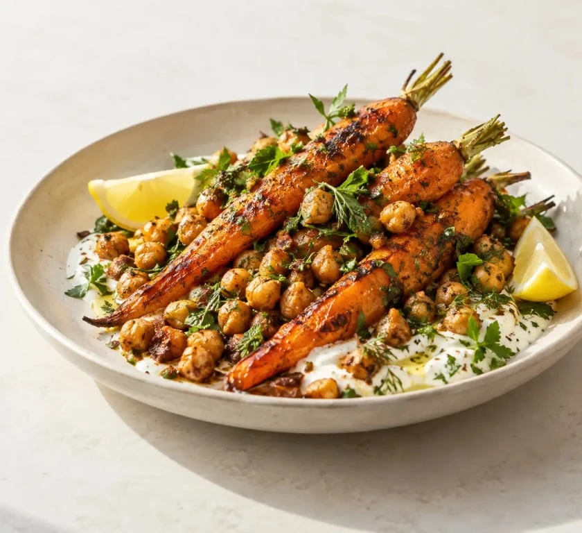 Recette carotte rôtie au cumin, au miel et aux pois chiches avec sauce au yaourt citronné