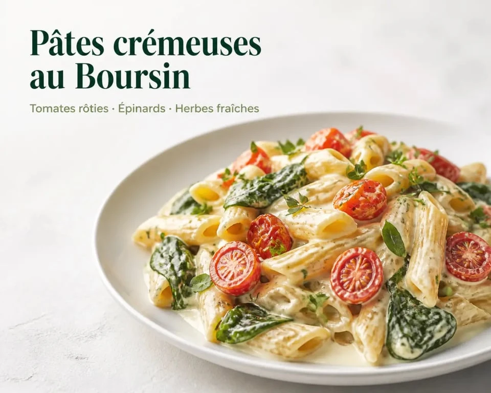 Recette boursin recettes cuisine de pâtes crémeuses aux tomates rôties et épinards dans une assiette dressée