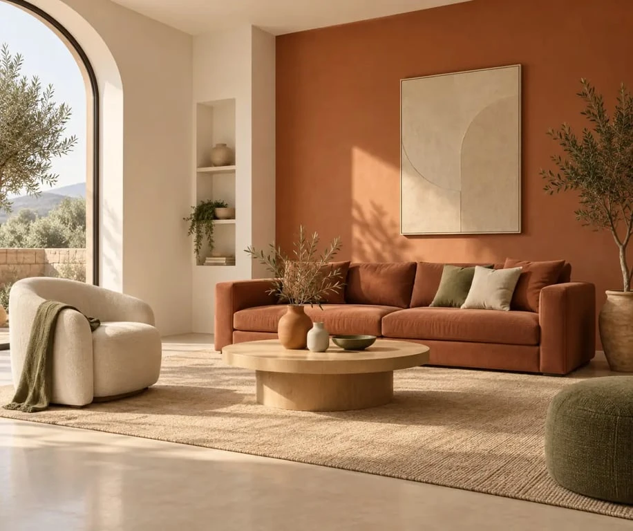 Décoration terracotta salon avec mur d’accent, canapé et matières naturelles