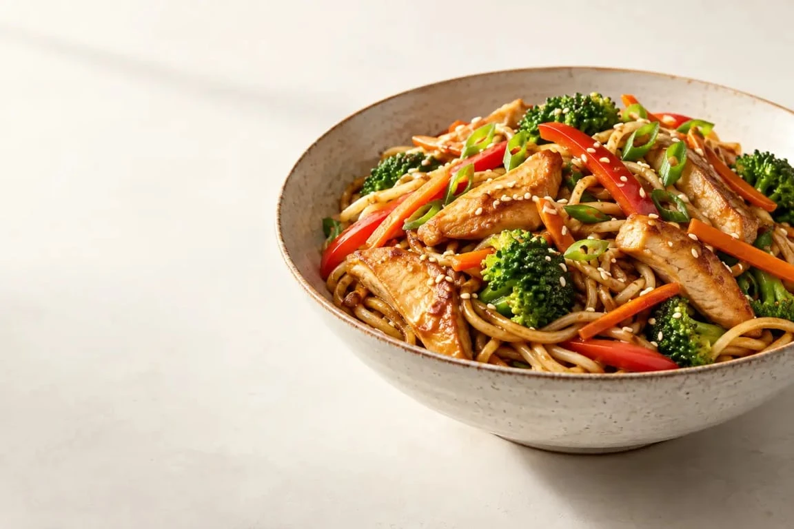 Recettes de cuisine chinoise traditionnelle : nouilles sautées au poulet et légumes