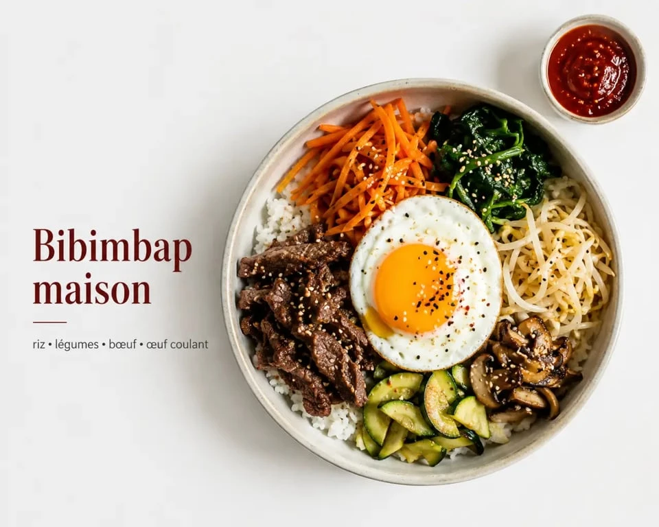 Cuisine coréenne recettes : bibimbap maison dressé dans un bol, vue du dessus
