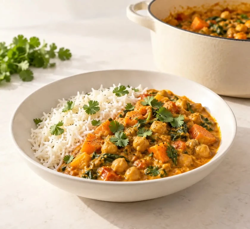 Plats mijotés recettes : curry de pois chiches et légumes servi avec du riz