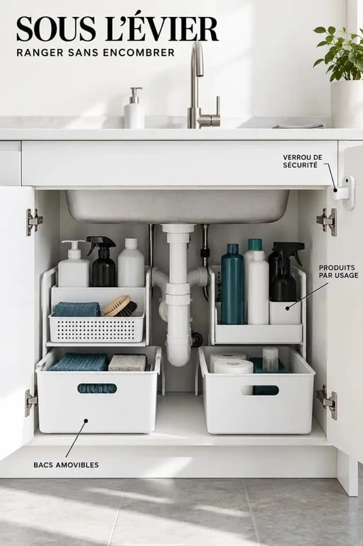 Rangement produits ménagers organisé dans un meuble sous-évier avec bacs amovibles