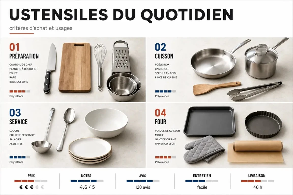 Amazon ustensiles de cuisine : visuel éditorial des principaux types d’ustensiles et critères de choix