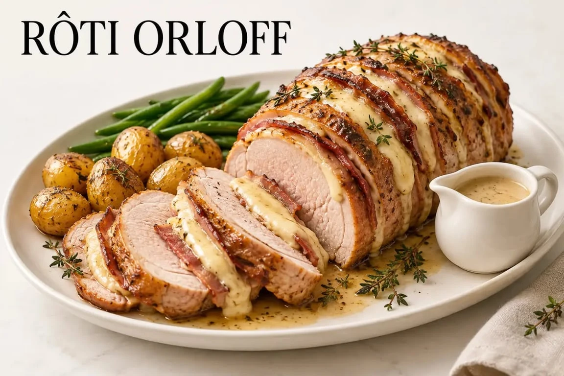 Rôti Orloff de porc au fromage et au lard fumé servi avec ses accompagnements