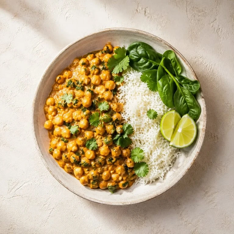 Curry de pois chiches au lait de coco, une recette de cuisine du monde servie avec du riz basmati