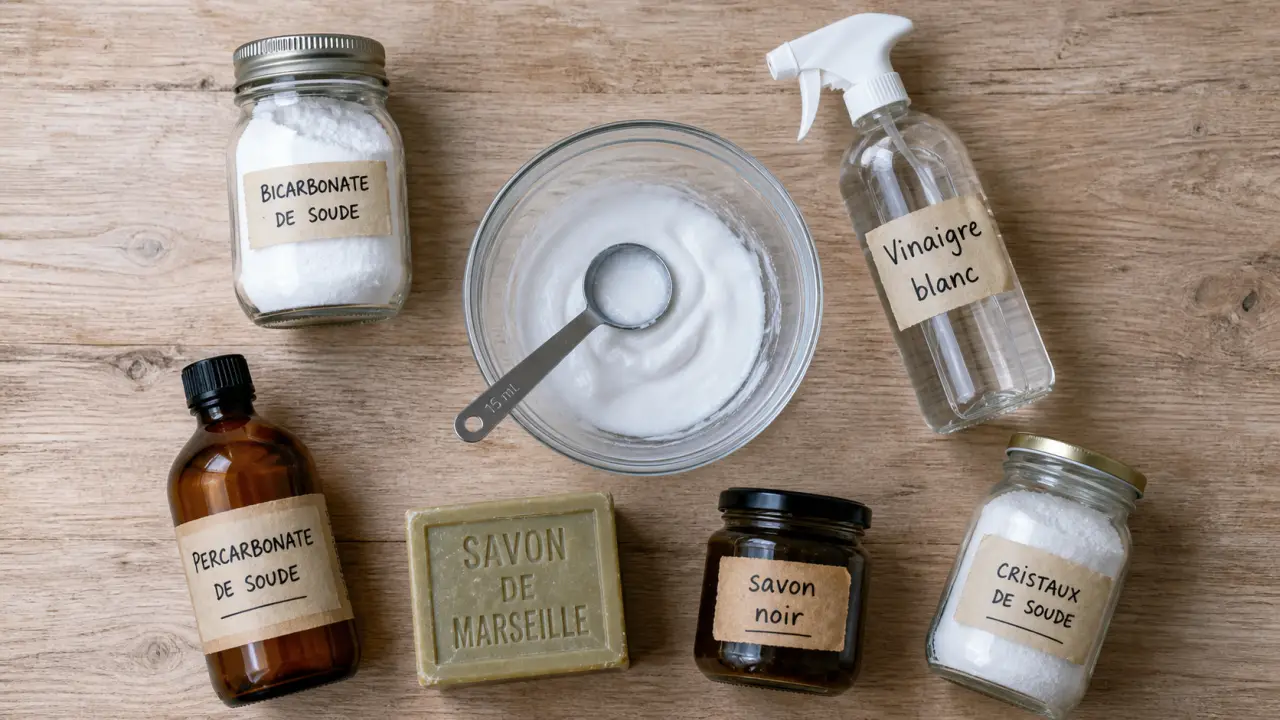 Produit d entretien maison : vinaigre blanc, bicarbonate, savon noir et savon de Marseille