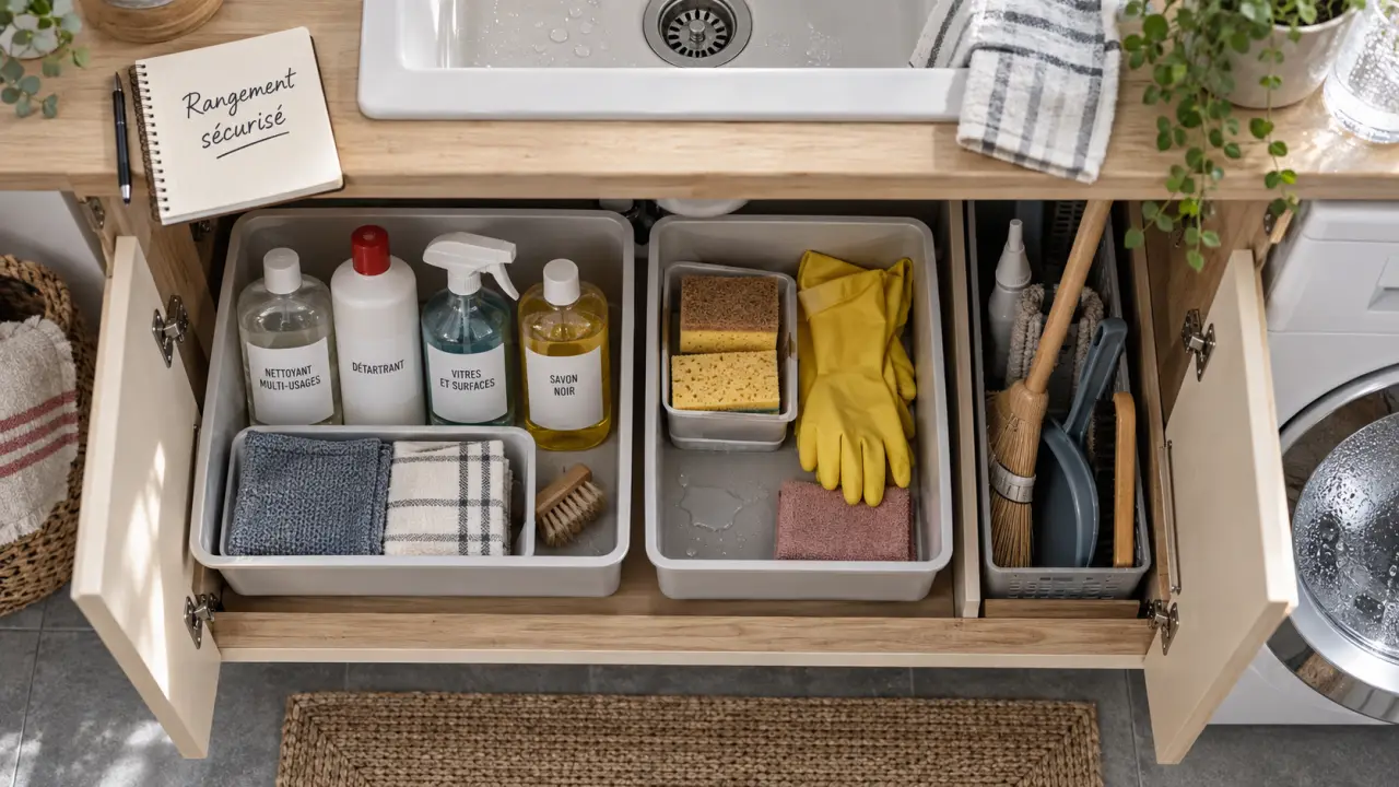 Rangement produits ménagers : accessoires triés sous évier, bacs et nettoyants rangés