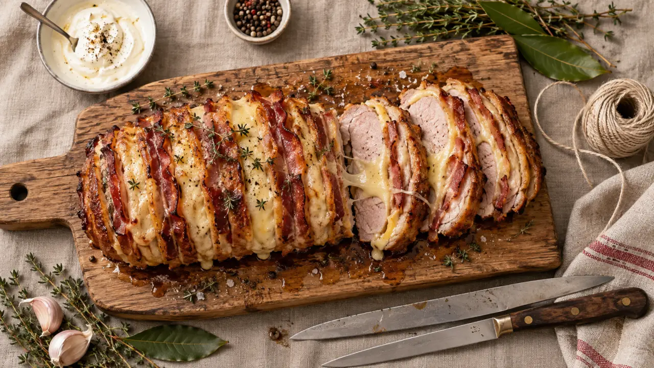 Rôti Orloff doré au fromage et lard fumé, tranché