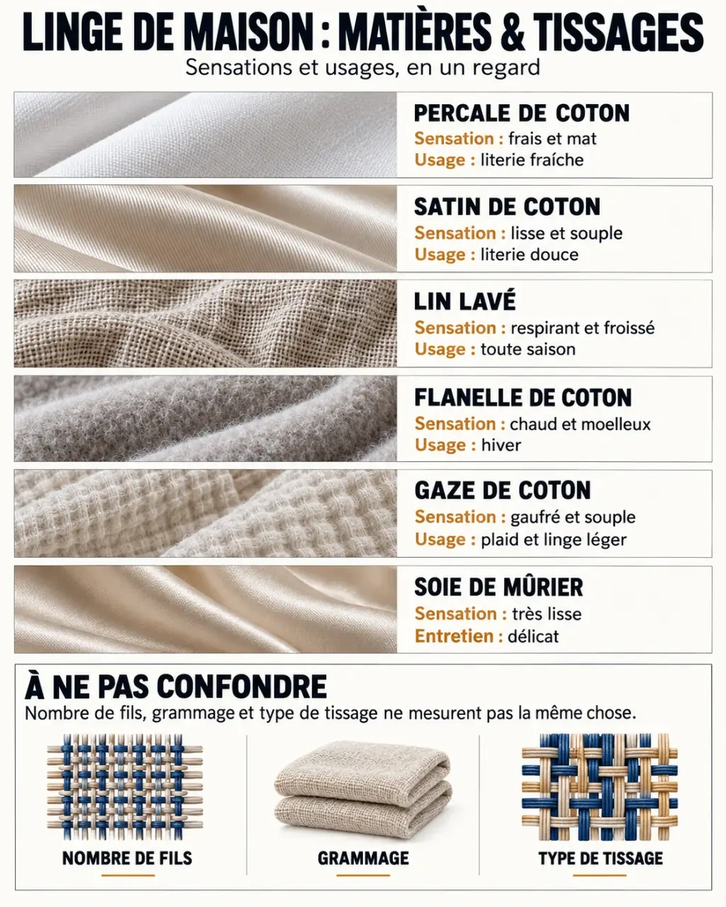 Infographie comparative des matières pour choisir un linge de maison qualité