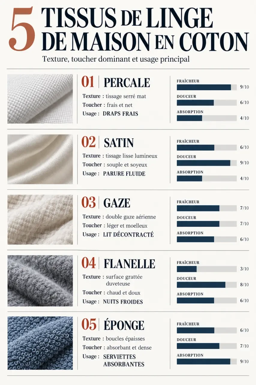 Linge de maison coton : comparaison visuelle des tissus percale, satin, gaze, flanelle et éponge