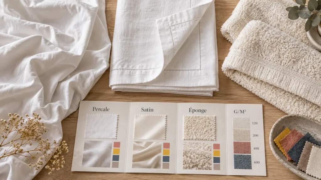 Linge de maison coton : nappe percale et serviette éponge