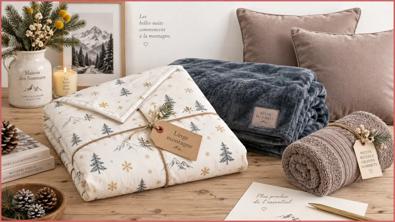 Linge de maison montagne façon chalet : parure, plaid et serviette éponge