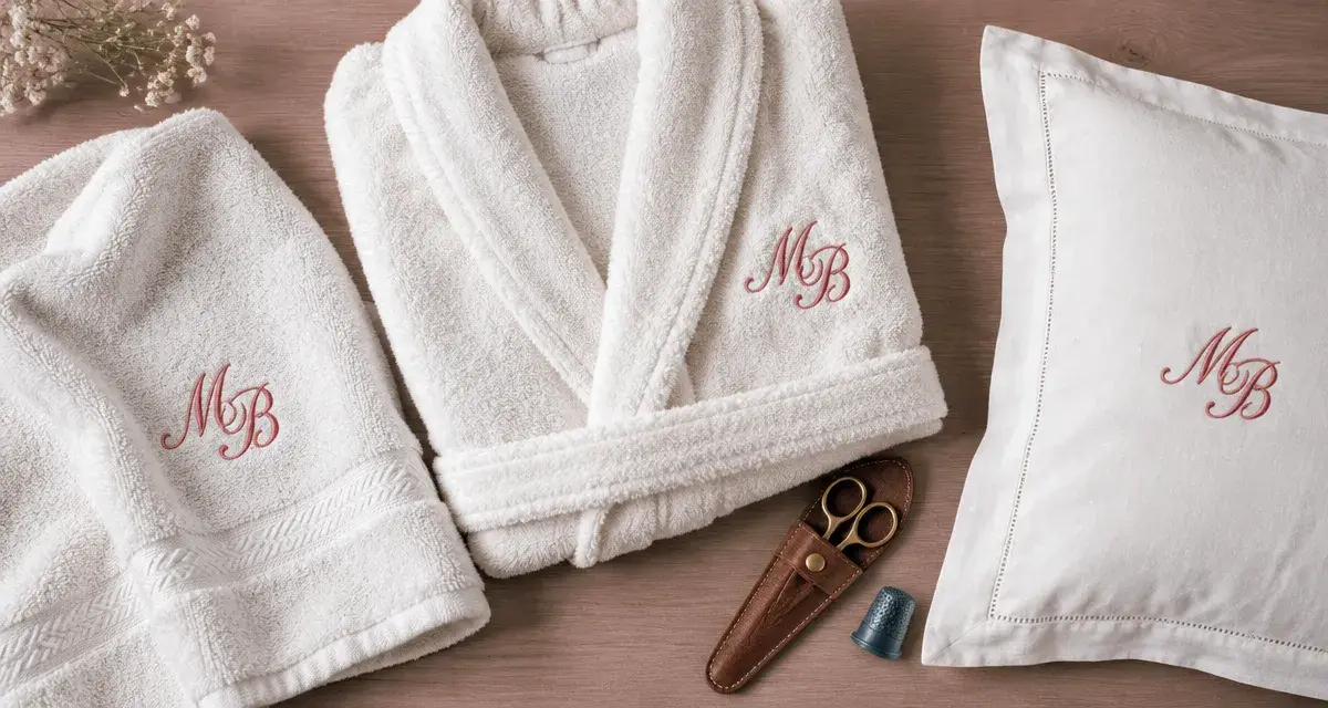 Linge de maison personnalisé avec broderie monogramme rouge sur tissu crème