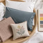 Marque de linge de maison : drap housse en percale et serviette nid d’abeille, chambre-boutique