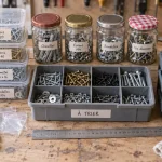 Rangement visserie fait maison : boîtes à vis triées pour retrouver chaque vis