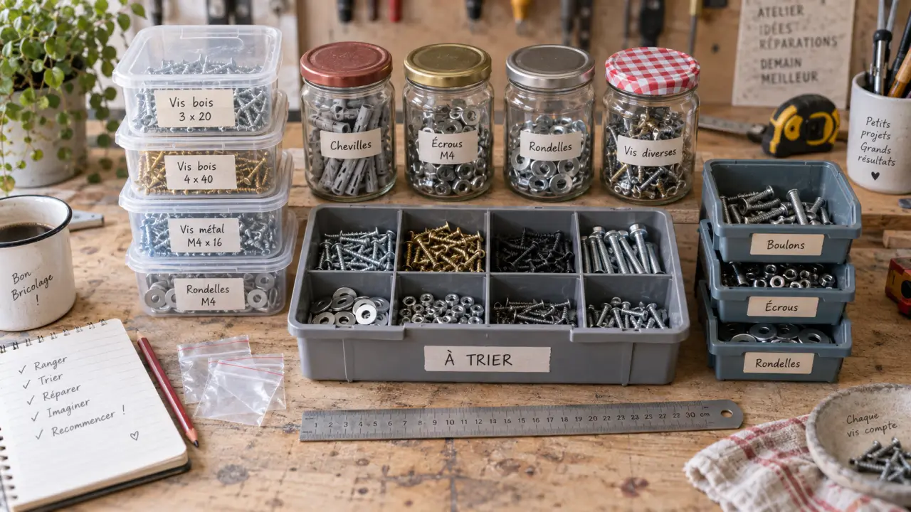 Rangement visserie fait maison : boîtes à vis triées pour retrouver chaque vis