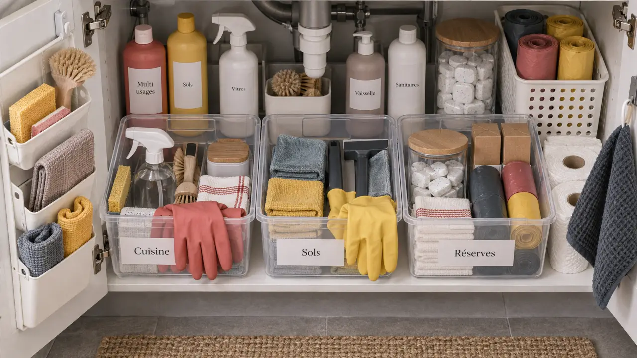 Ranger produits ménagers sous évier : bacs et flacons pour éviter fuites