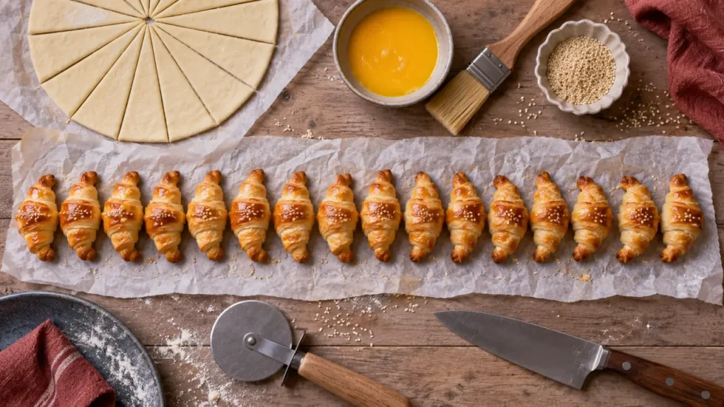 Mini croissants apéritifs : 16 bouchées dorées à 180 °C, sans garniture qui déborde