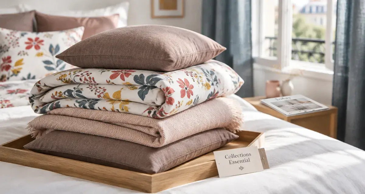 Today linge de maison : pile de textiles sur plateau bois